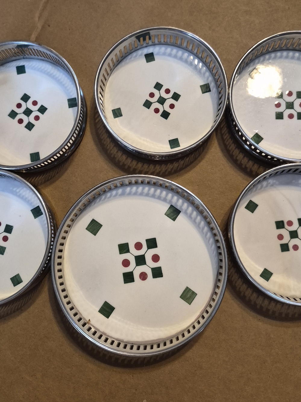 White Ceramic Coasters with Green and Red Inlay (Set of 6) From Silvers Brooklyn